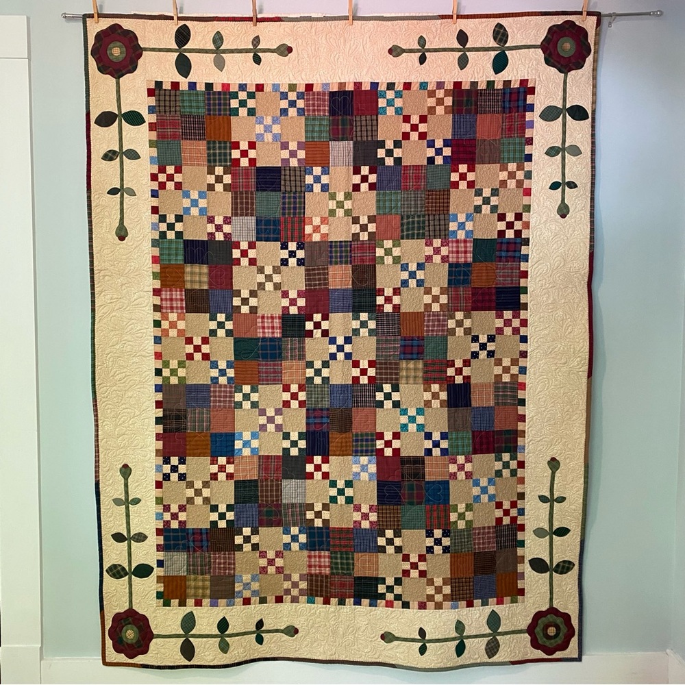 Handmade Patchwork Cotton Quilt in Multi-Color Cream Border